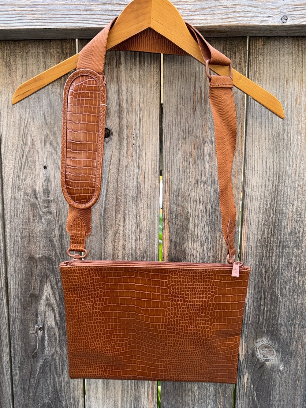 BEIS Croc Embossed Flat Travel Bag Brown Tan Adjustable Strap